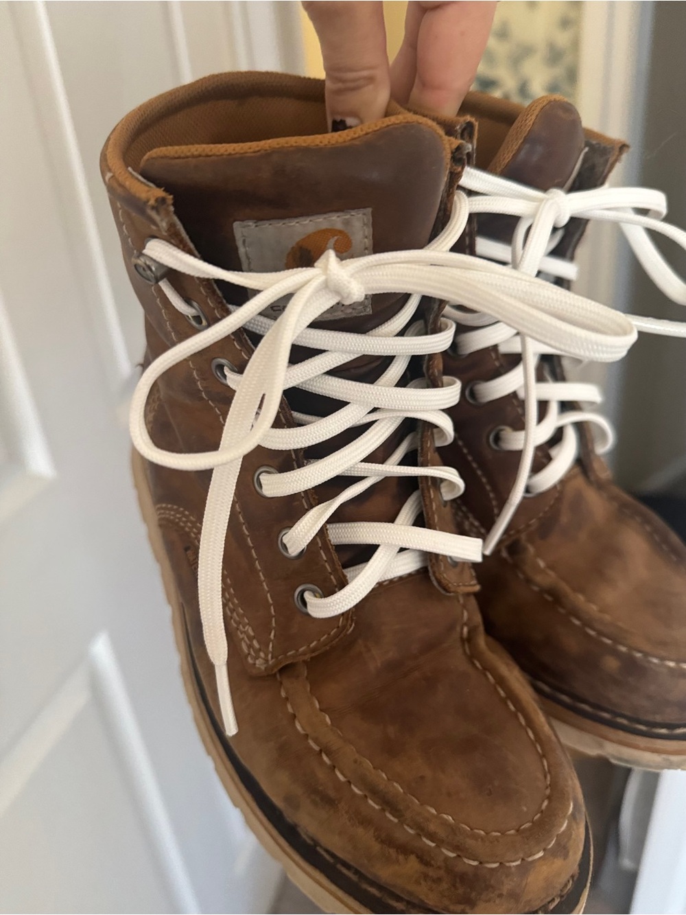 Carhartt Brown Leather Lace-Up Moc Toe Boots with White Laces